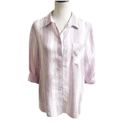 Chico’s Striped Non Iron Fresh Chic 100% Linen Button Down Size 3/XL Purple - Picture 1 of 8